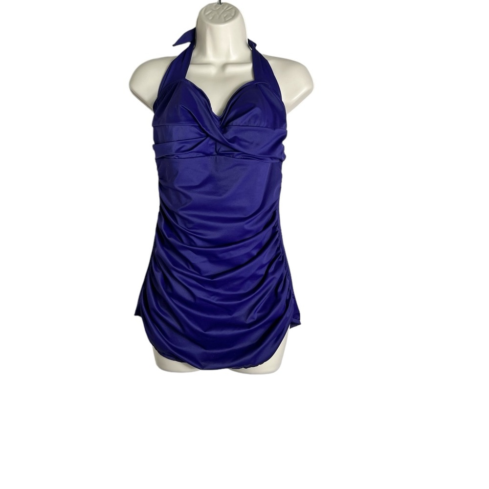 Ruched One-piece Bathing Suit with Halter Neck Size 14 - Deep Purple - Retro